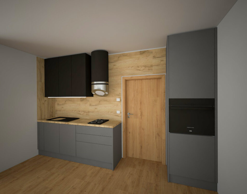 Rovná kuchyň v šedé barvě doplněna dřevem, rozdělená dveřmi do pokoje.