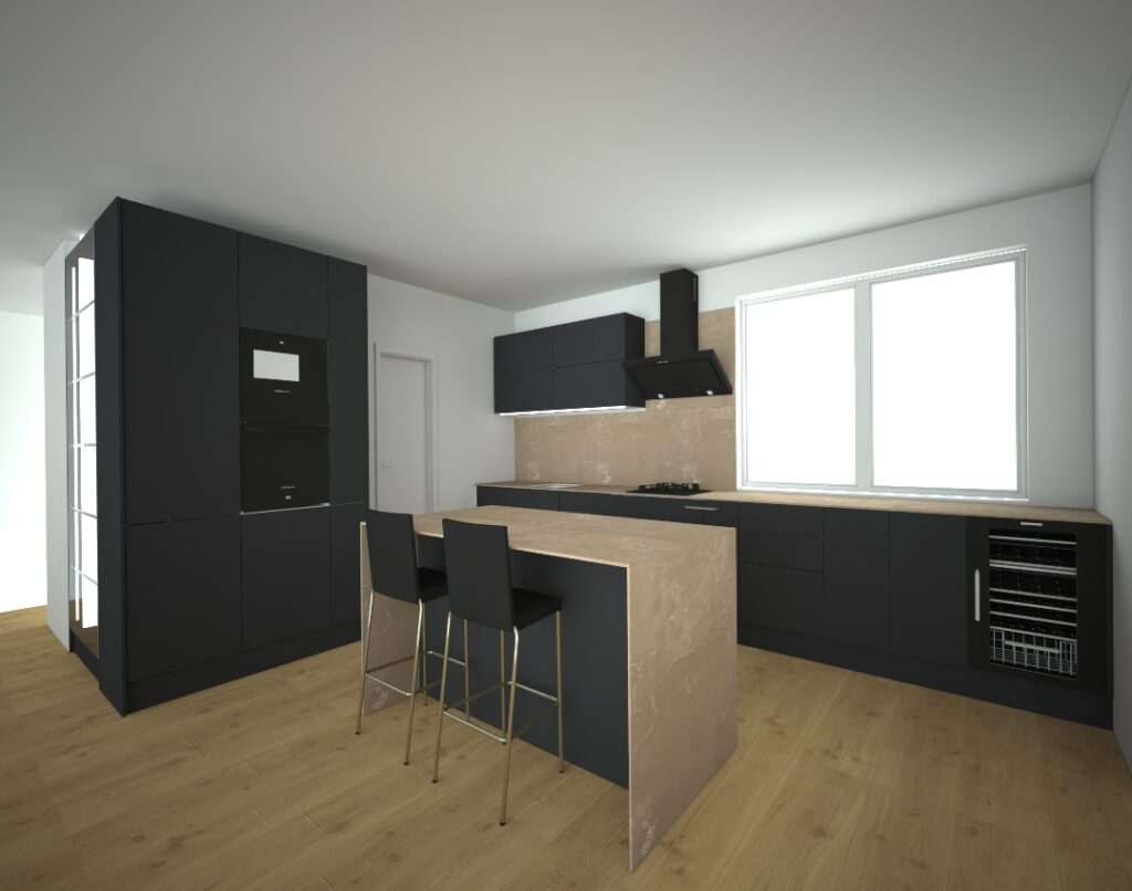Rovná kuchyň s ostrůvkem a oddělenými vysokými skříňkami, v tmavé barvě s kompaktní deskou v pískové barvě.