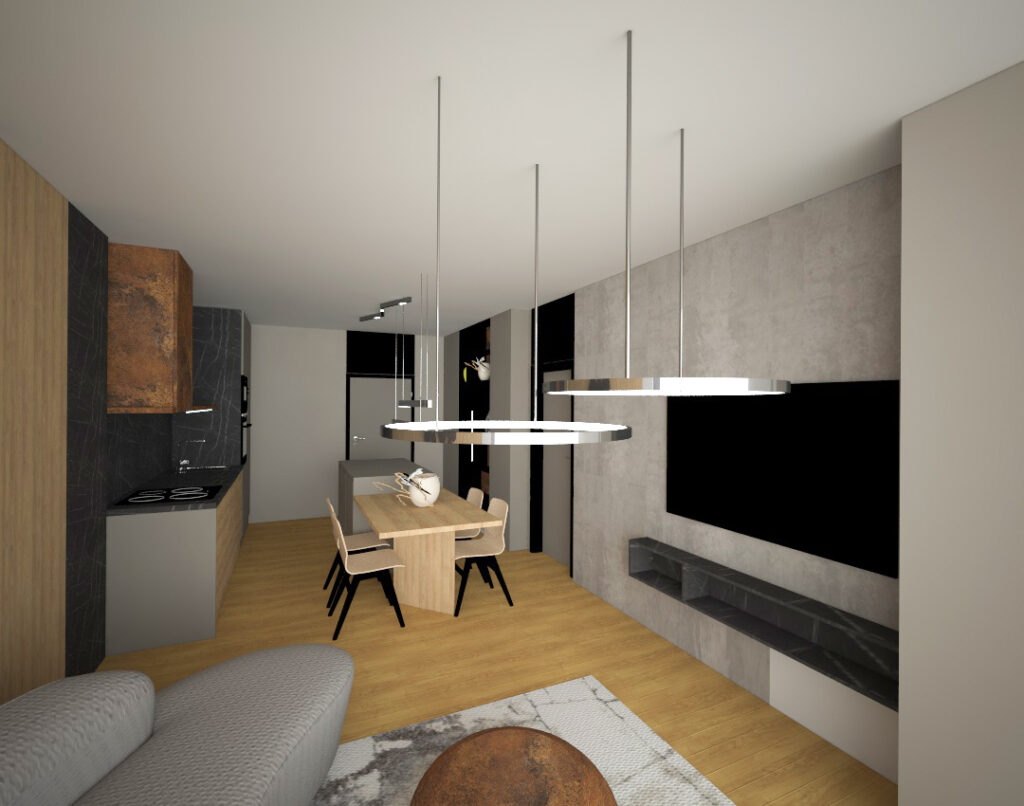 Moderní obývací pokoj s kuchyní v šedých barvách