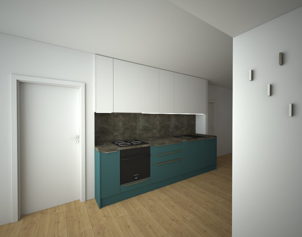 Rovná kuchyň se zeleno-modrými spodními skříňkami, bílými horními skříňkami a pracovní deskou z tmavého kamene.