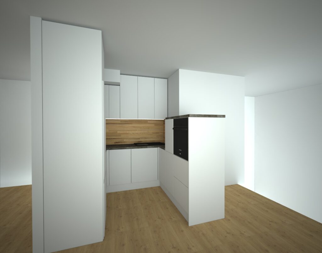 Bílá kuchyň do U s tmavou pracovní deskou a dřevěným obkladem.