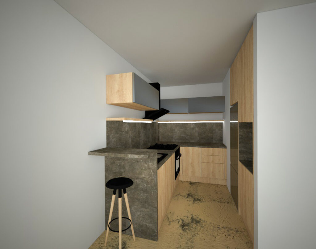 Dubová kuchyň do U s pracovní deskou a zástěnou v dekoru betonové stěrky.