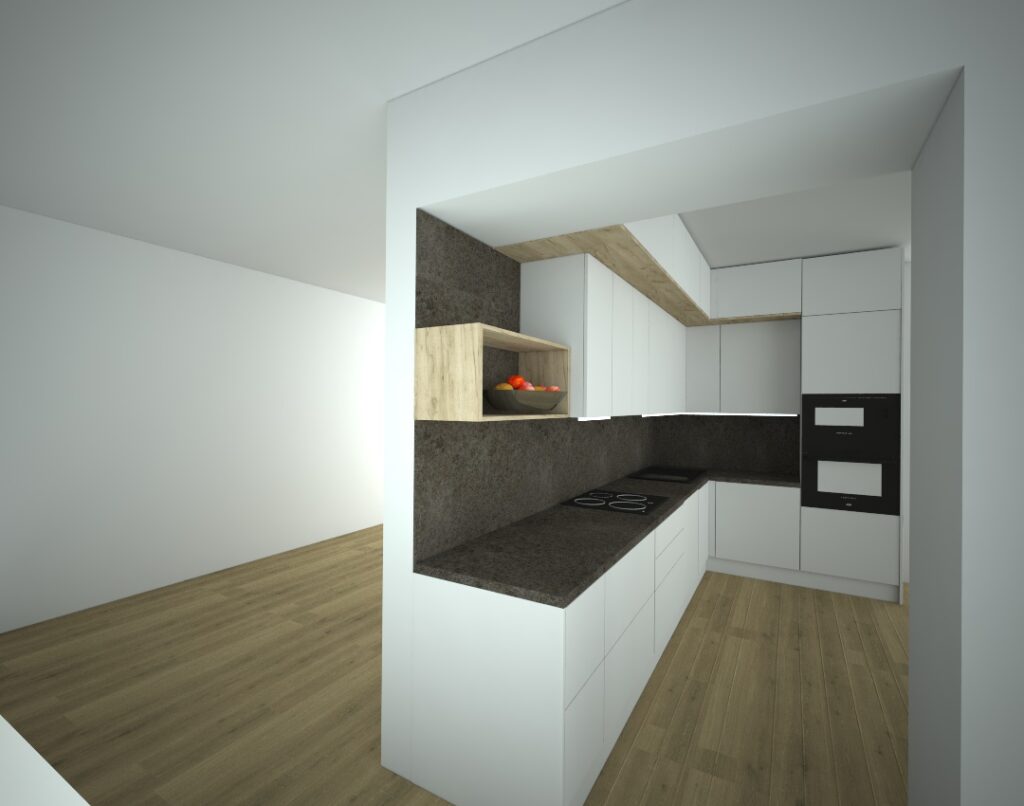Rohová kuchyň v bílé barvě s tmavou pracovní deskou a zástěnou, doplněná o dřevěné detaily.