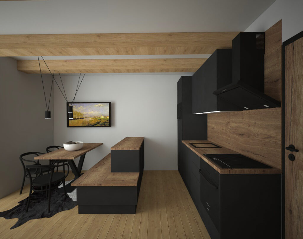 Černá matná a rovná kuchyň s ostrůvkem, doplněna o dřevěnou pracovní desku, zástěnu a sezení na ostrůvku.