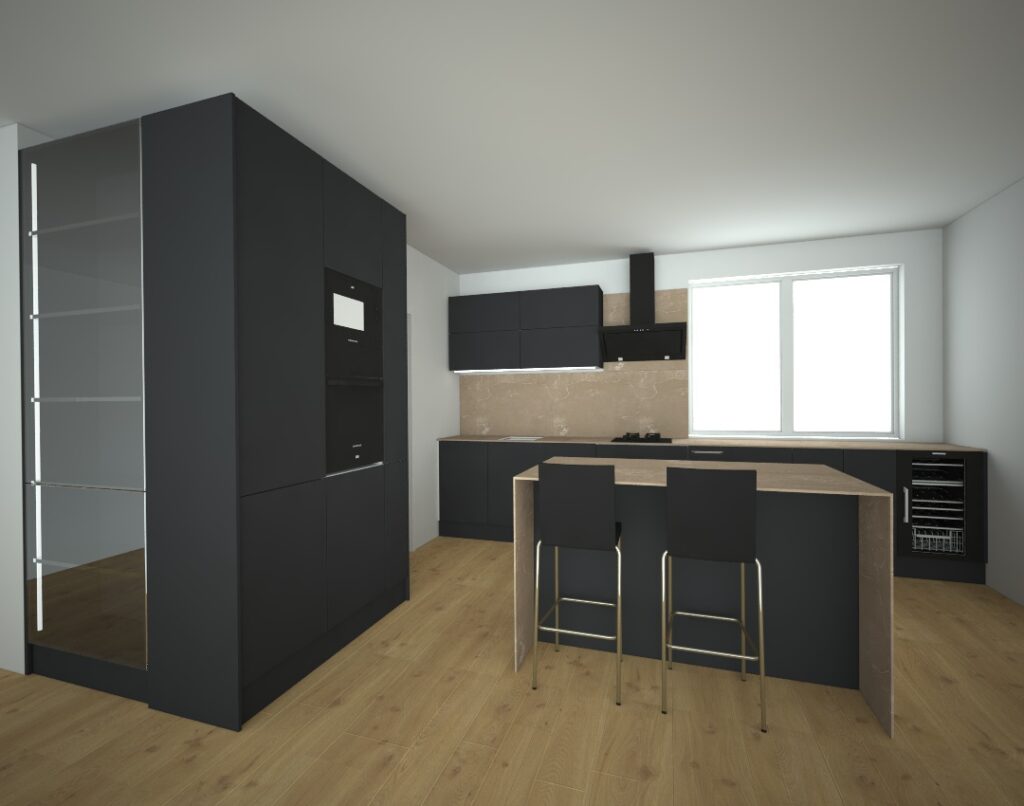 Rovná kuchyň v černé matné barvě s ostrůvkem a oddělenými vysokými skříňkami.