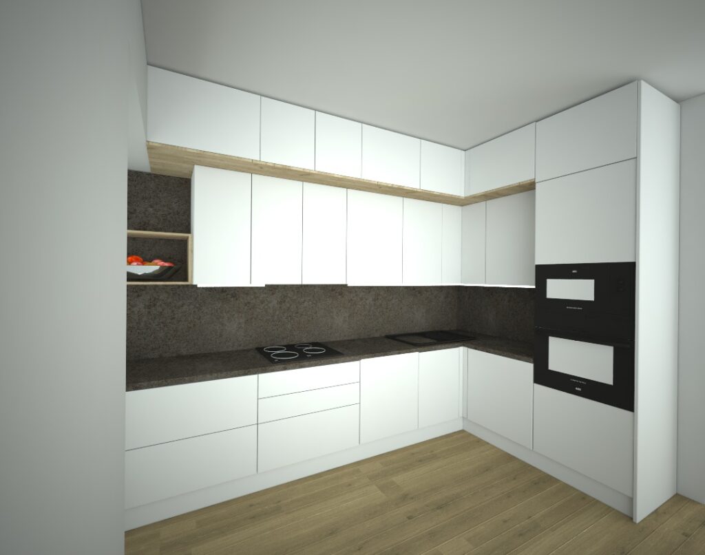 Bílá rohová kuchyň s tmavou pracovní a zádovou deskou a druhou řadou horních skříněk.