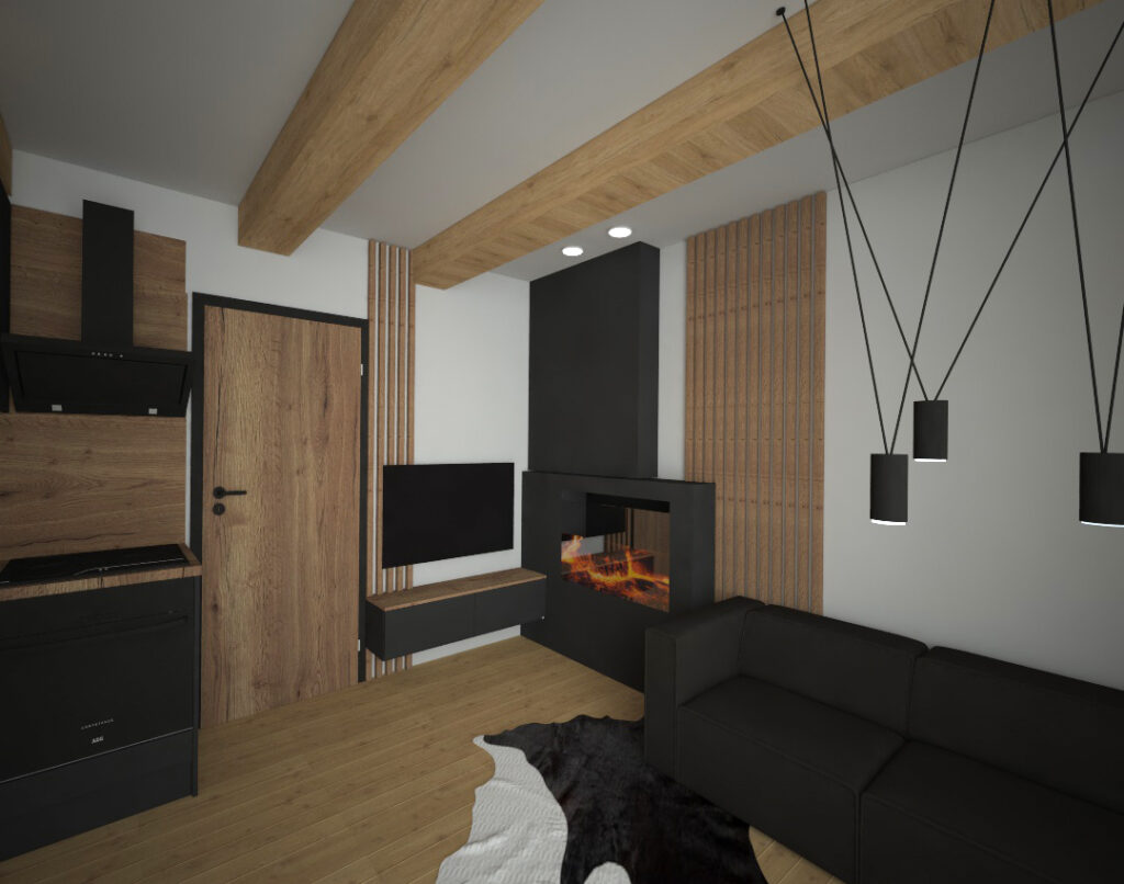 Obývací pokoj s kuchyní v kombinaci přírodního dubu a tmavě šedé barvy.