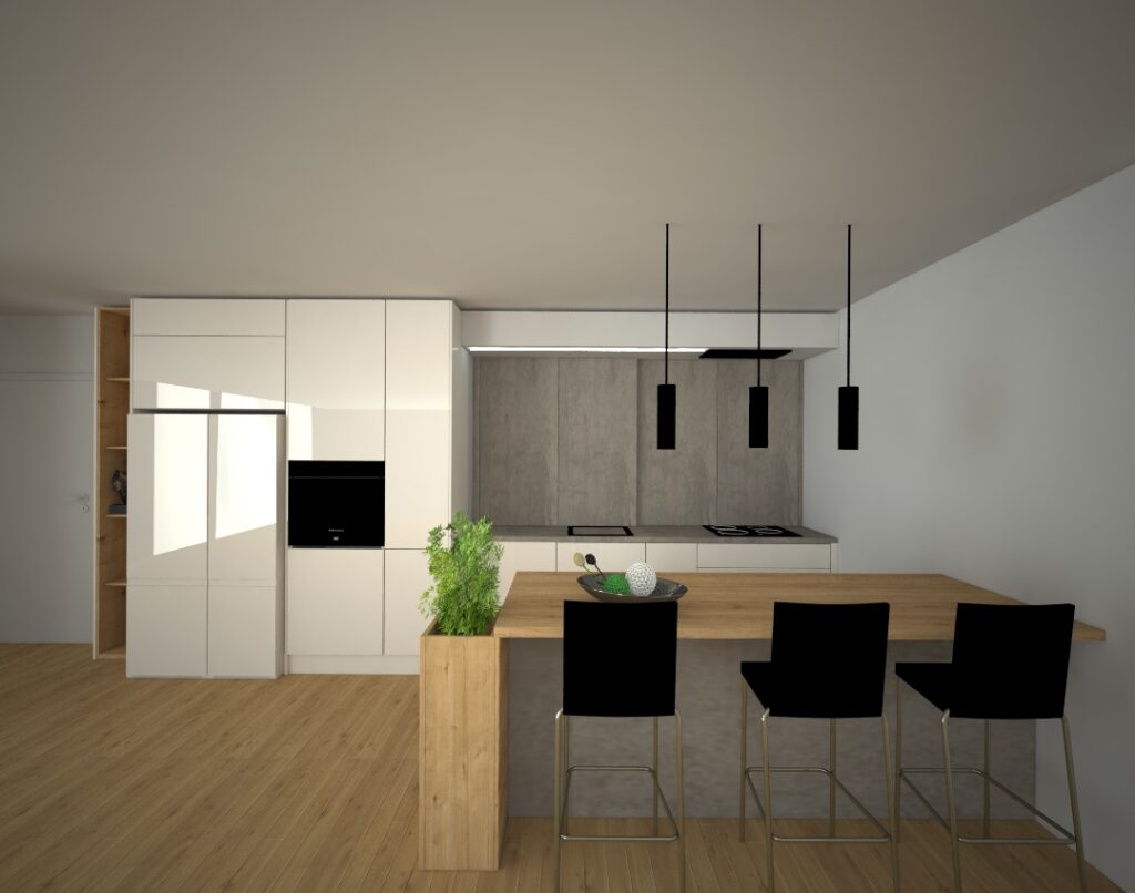 Bílá lesklá rovná kuchyň s ostrůvkem, kombinovaná s dekorem dub a betonovou stěrkou.