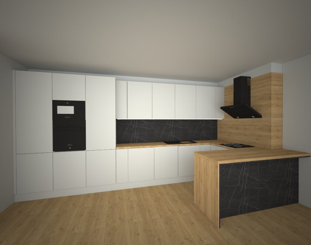 Velká kuchyň do U v bílé barvě kombinovaná s černým kamenem a dřevem.