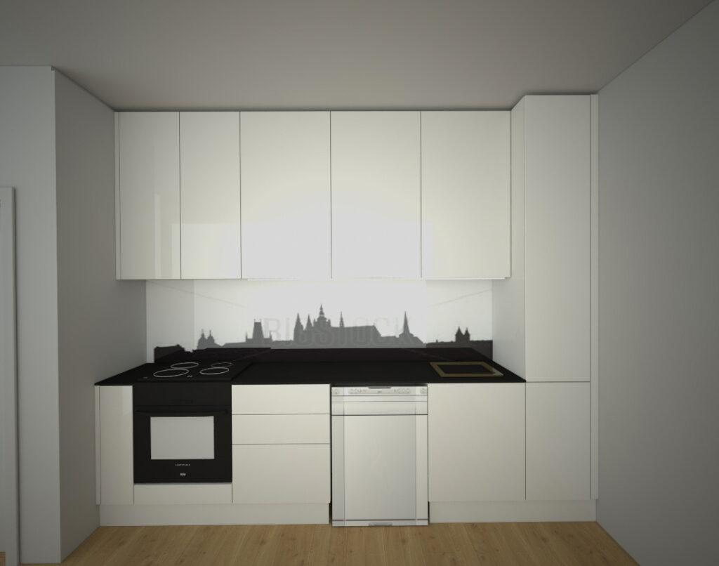 Rovná bílá kuchyň s černou pracovní deskou a fotografií na obkladové desce.